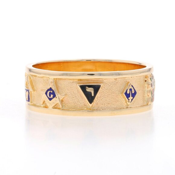 Yellow Gold Masonic Symbols Band - 14k Blue Lodge Shriners Yod Ring 13 3/4